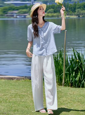 今年流行特惠极简浅蓝色亚麻套装女夏季显瘦法式短袖衬衫阔腿裤
