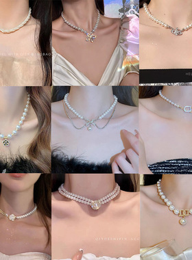 新款轻奢蝴蝶结珍珠项链高级感小众设计锁骨链简约百搭合金项链