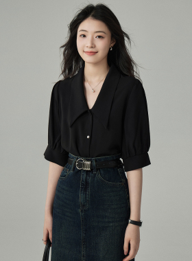 JACOOBS娅可家黑色衬衫女夏设计感小众法式休闲气质尖领短袖上衣