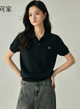 「娅可家」极简高智 黑色经典短袖针织衫女夏季复古休闲polo衫女