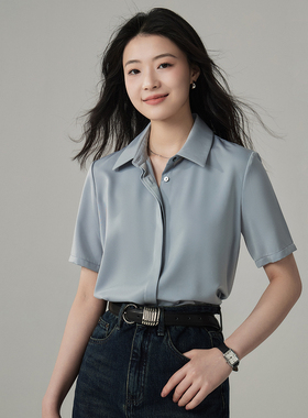 JACOOBS娅可家灰蓝色短袖衬衫女宽松时尚通勤百搭暗门襟缎面衬衣