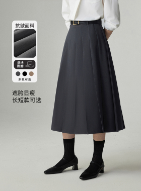 「娅可家」满分版型 灰色中长款半身裙女春秋高腰小个子百褶长裙