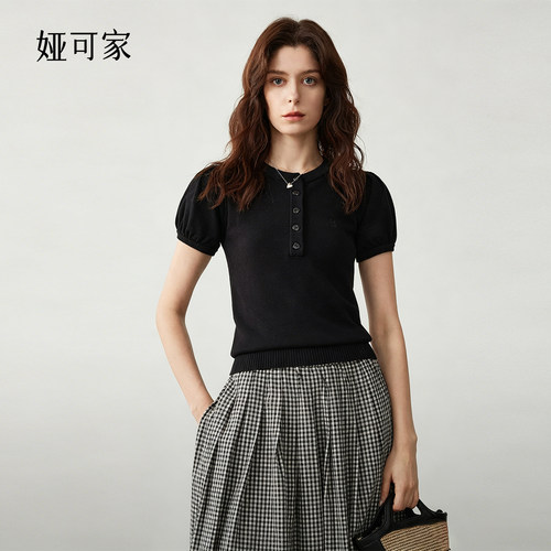 黑色毛织刺绣短袖T恤女收腰上衣