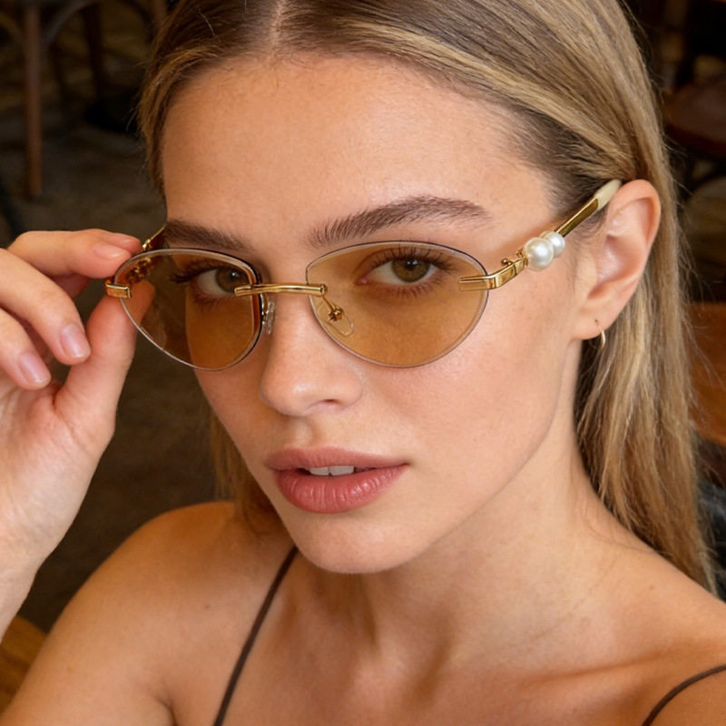 Ins网红新款猫眼墨镜女无框切边金属镶珍珠欧美风太阳镜杜桥眼镜