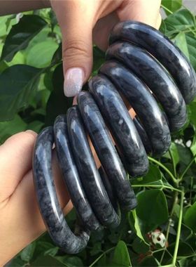 仿和田玉青花圆条手镯黑色美人镯大理石仿玉水墨飘花宽条旺夫玉镯