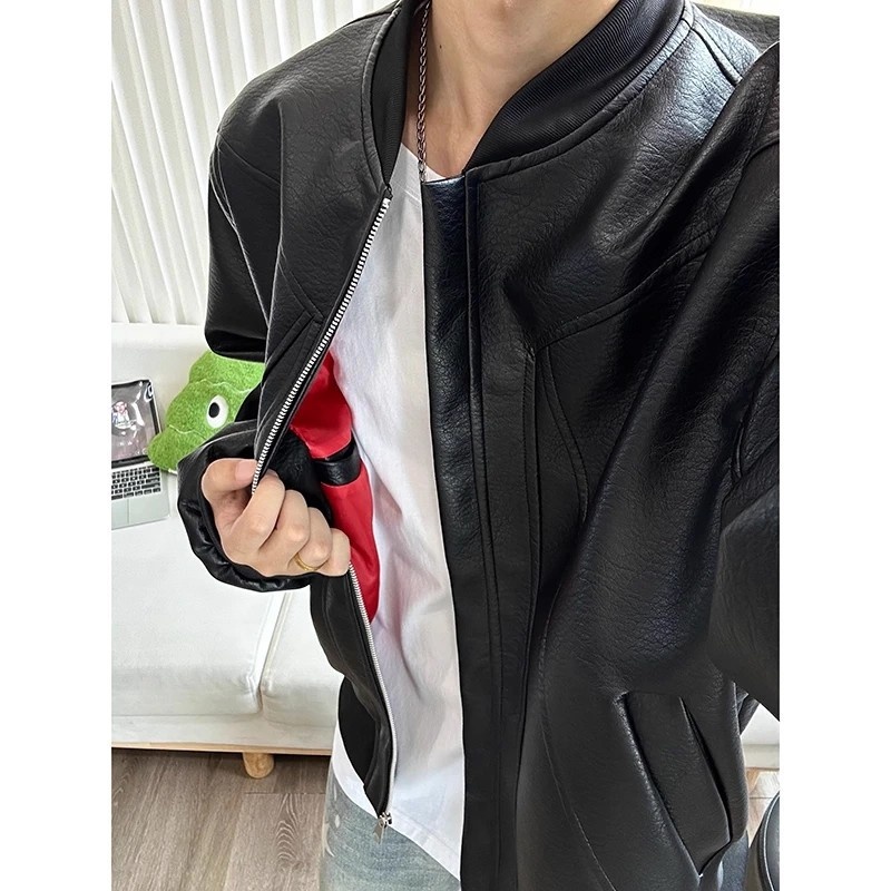 短款机车皮衣外套男秋cleanfit美式飞行夹克感痞帅无领棒球服