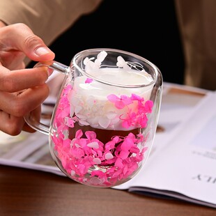 创意干花双层玻璃水杯新款 家用耐热高颜值网红女士牛奶杯咖啡杯