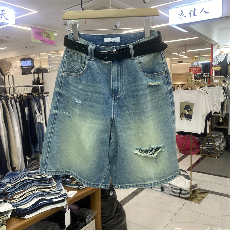 KIM MO9006新款复古风破洞牛仔短裤女夏高腰A字阔腿五分裤潮流裤