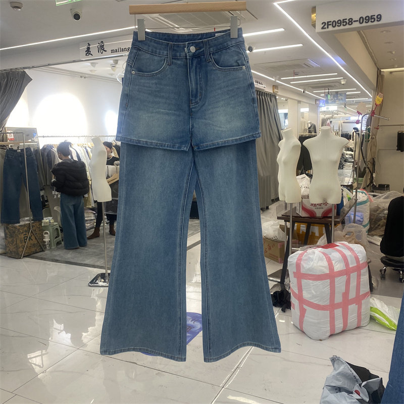 DMJ7293春款高腰可拆卸屁帘假两件阔腿牛仔裤女时尚休闲微喇长裤