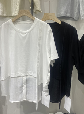 CB2653夏款假两件拼接短袖T恤女新款宽松显瘦休闲松弛感上衣