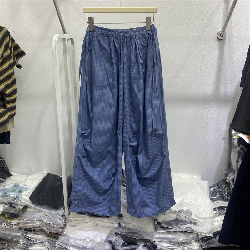 女夏松紧腰显瘦垂感格子阔腿裤