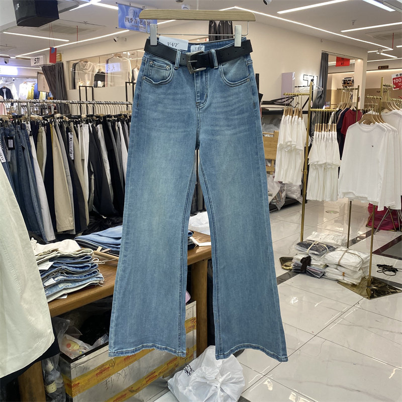 欧货6283春款复古高腰微喇牛仔裤女春季显瘦修身蓝色弹力长裤