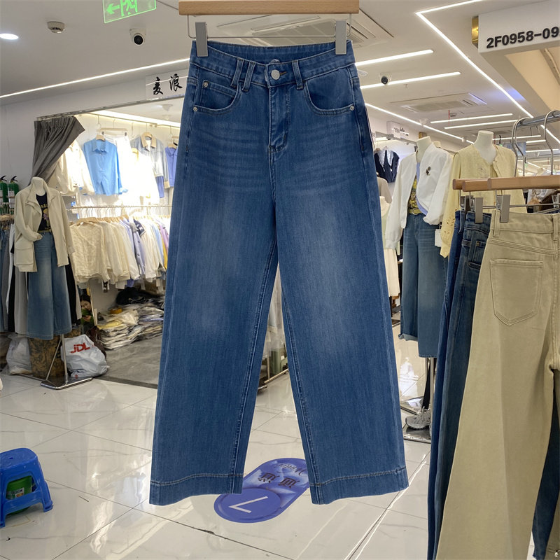 DMJ5378春款四面弹高腰显瘦直筒牛仔裤女九分百搭小个弹力蓝色裤