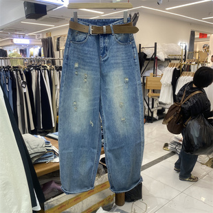 复古 女宽松显瘦配腰带阔腿长裤 欧货2368春夏款 高腰破洞弯刀牛仔裤