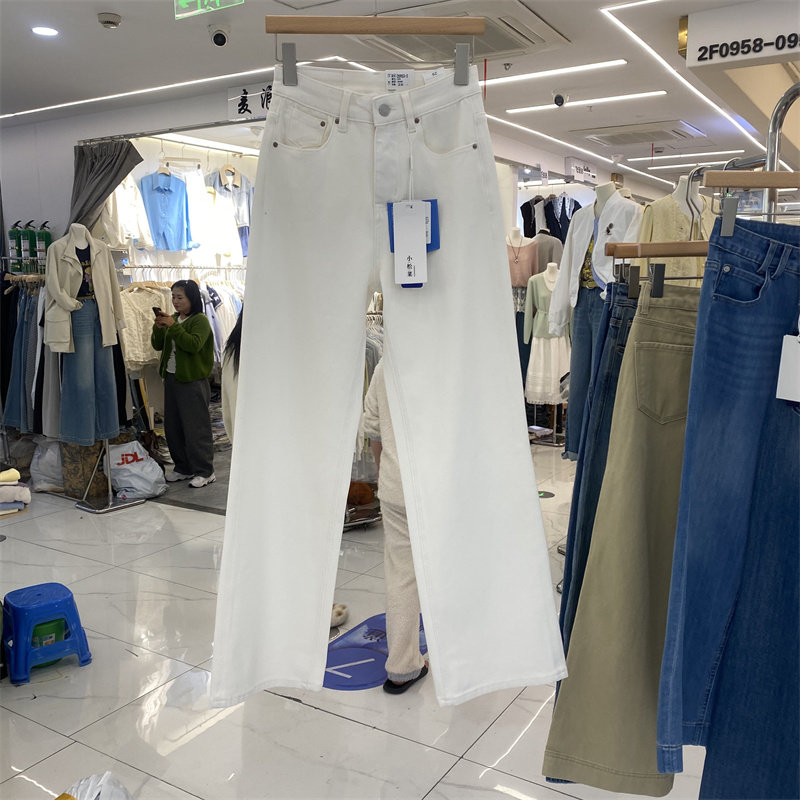 XSCJ25953春款白色高腰直筒牛仔裤女九分修身显瘦小个百搭法棍裤