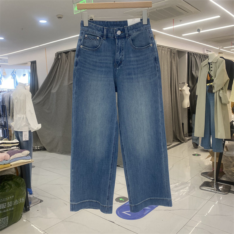 SMJ*2525春款四面弹高腰显瘦直筒牛仔裤女九分百搭小个子蓝色裤子