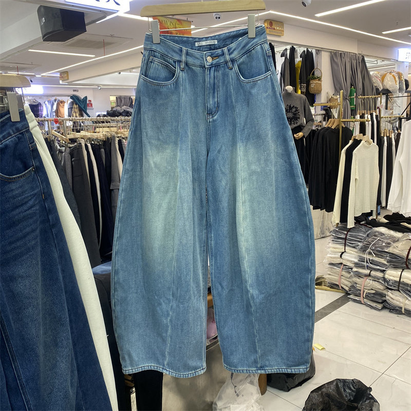 IXC6002冬款高腰宽松阔腿牛仔裤女蓝色直筒显瘦百搭复合绒弯刀裤