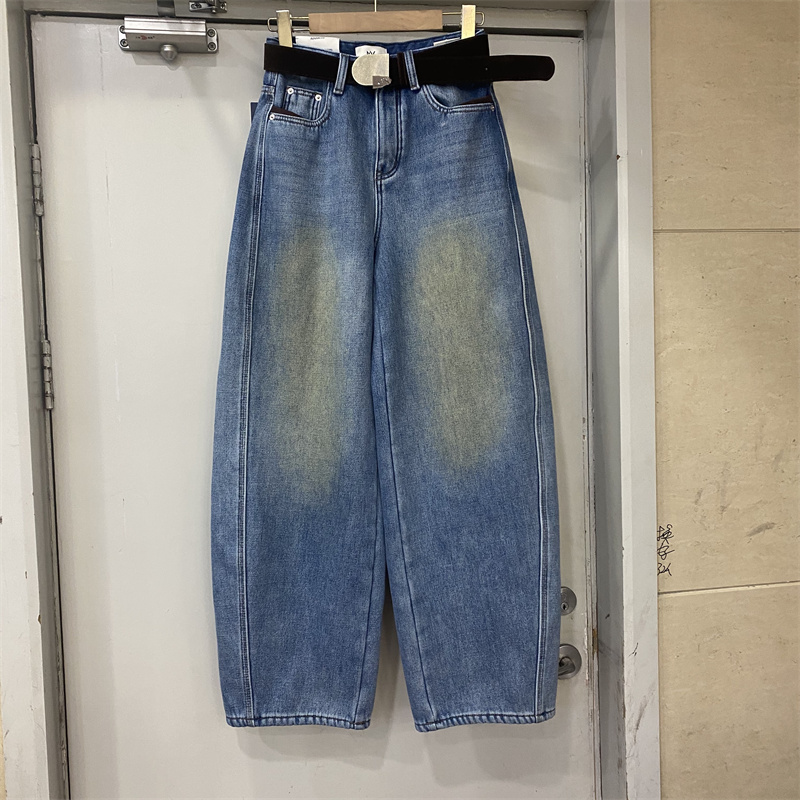 复古高腰阔腿显瘦密绒牛仔裤女冬