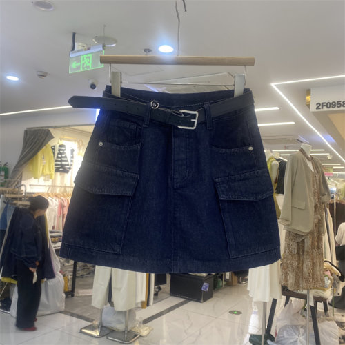 工装牛仔高腰显瘦A字短裙带腰带