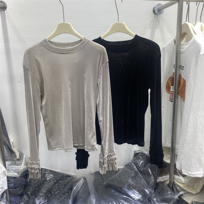 新中式春款丝绒花边长袖打底衫