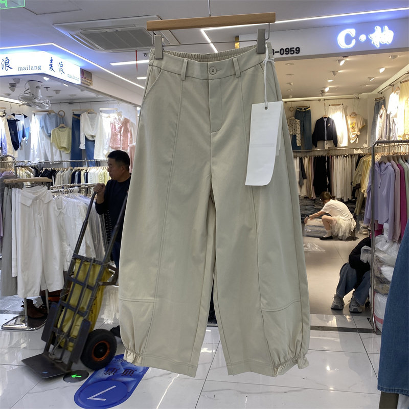 黛唯密3010春款工装风高腰弯刀阔腿裤女宽松显瘦百搭休闲裤卡其色