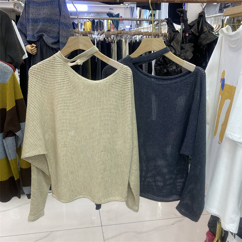 欧货3561女秋新款时尚斜领长袖针织衫宽松显瘦百搭套头镂空上衣潮