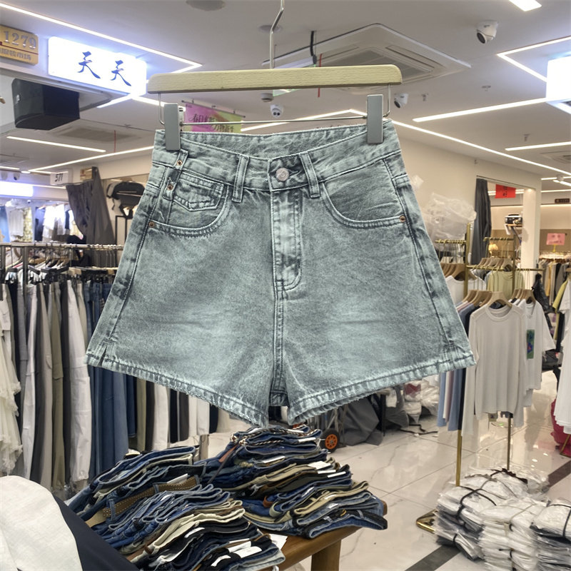 MI&CO1827夏款牛仔风高腰牛仔短裤女A字显瘦热裤浅灰色做旧休闲裤