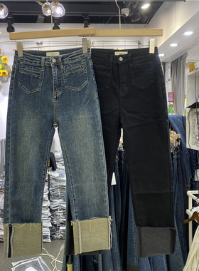 DIMO7029正品女春高腰显瘦翻边牛仔裤2022新款弹力九分直筒烟管裤