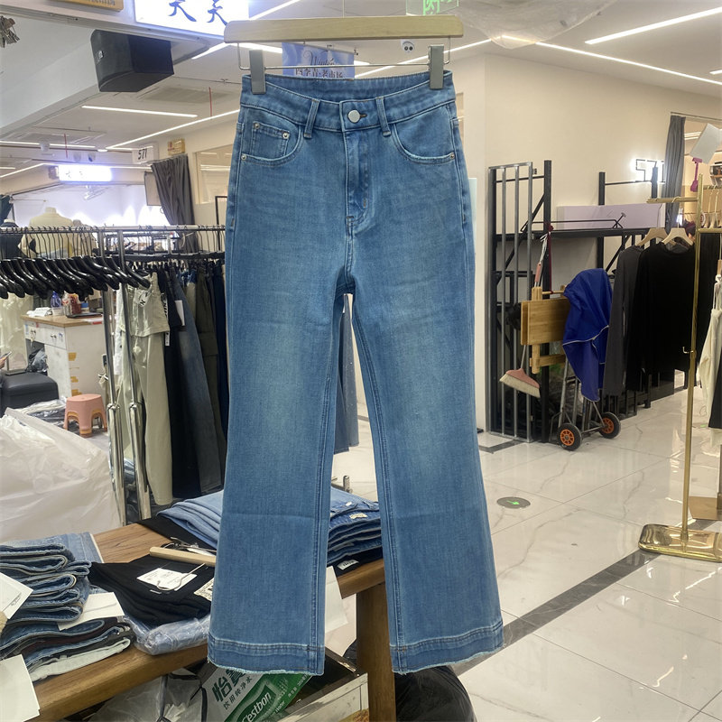ZMJ8060春款高腰显瘦四面弹牛仔微喇裤女修身九分裤蓝色毛边裤