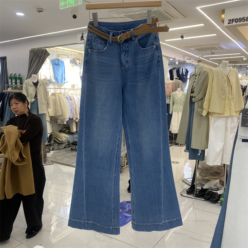 欧制61686春款四面弹高腰显瘦牛仔阔腿裤女百搭微喇长裤时尚