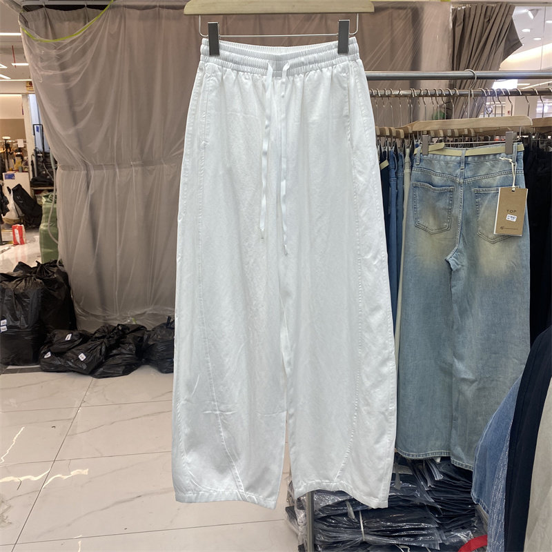欧货2635春款白色九分阔腿裤女松紧高腰抽绳宽松显瘦休闲弯刀裤