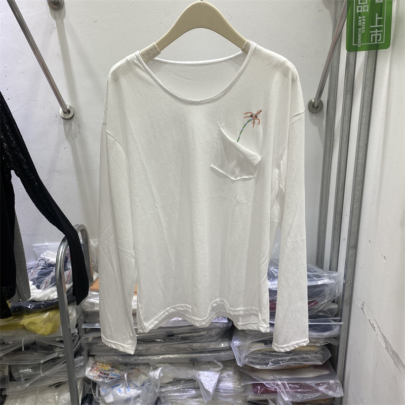 2025女夏圆领长袖宽松破口袋上衣