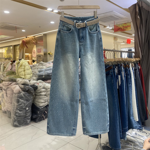 DMJ92352冬款复古高腰弯刀牛仔裤女长裤显瘦蓝色复合做旧亮钻潮裤