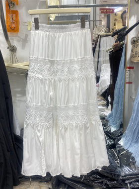 YLMY8601春款法式蕾丝拼接A字蛋糕裙女高腰显瘦白色半身裙长裙