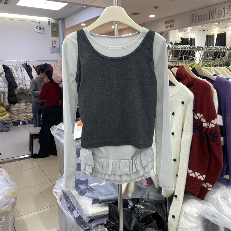 韩版2026春款荷叶边拼接羊绒衫女叠穿背心两件套灰色长袖打底衫,女装/女士精品,羊绒衫,淘宝优惠券,粉丝福利购,淘宝优惠卷