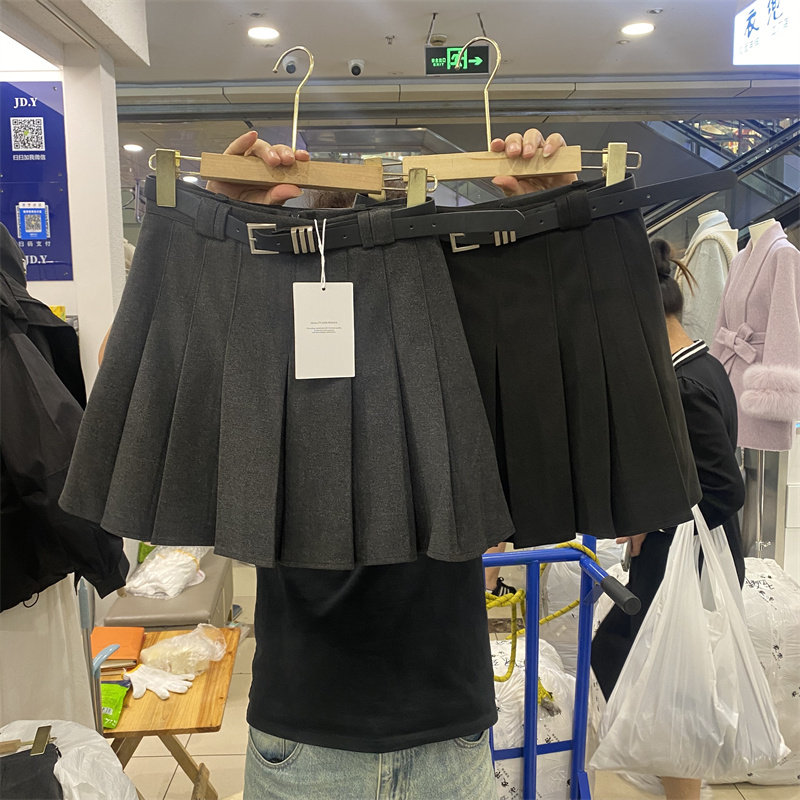 欧货19933女春新款时尚高腰显瘦百褶裙A字西装半身裙短裙配腰带潮