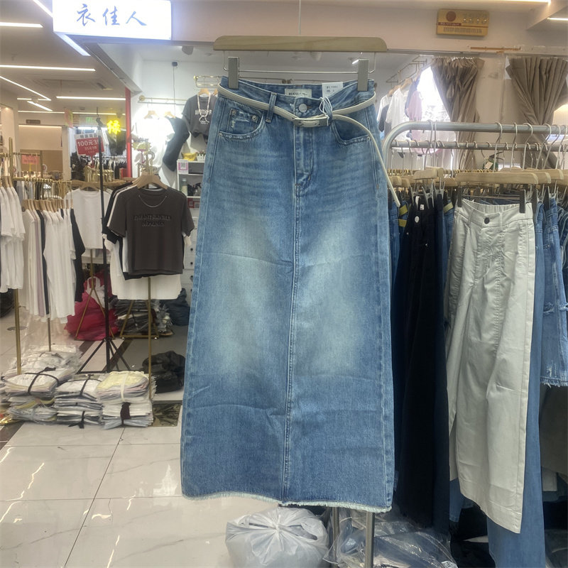 欧制7982夏款高腰牛仔半身裙女中长款显瘦毛边后开叉直筒裙小个子