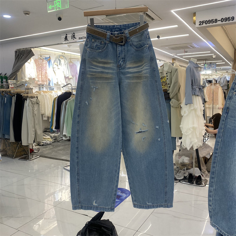 DMJ5503春款美式复古做旧破洞牛仔裤女高腰阔腿弯刀裤显瘦长裤