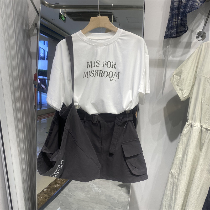 复古印花T恤工装短裙三件套女