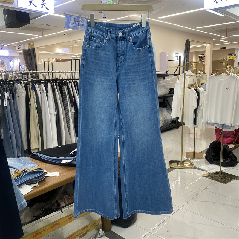 欧制13326春款高腰微喇牛仔裤女蓝色显瘦百搭弹力喇叭长裤