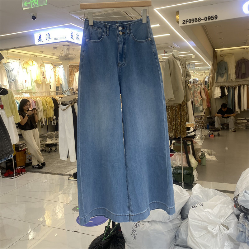 欧制3117夏款高腰阔腿牛仔裤女2026新款宽松显瘦直筒九分裤蓝色