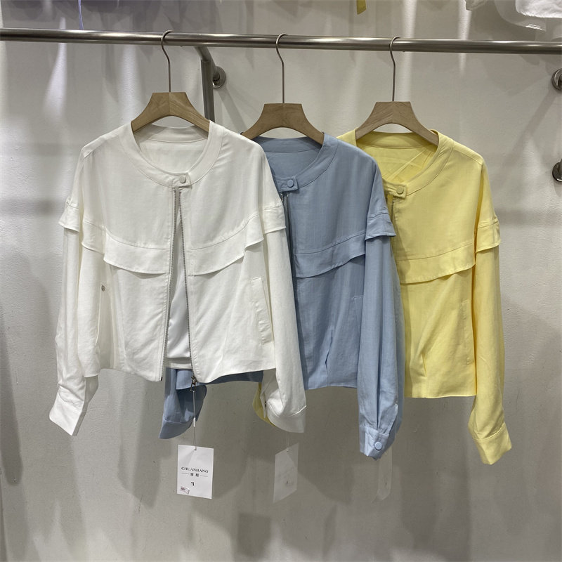 CB8801春款极简风拉链圆领短外套女宽松轻薄防晒衣减龄麻料夹克