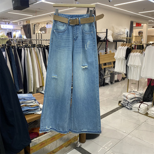 女宽松显瘦百搭长裤 DMJ5380春夏款 复古破洞高腰阔腿牛仔裤