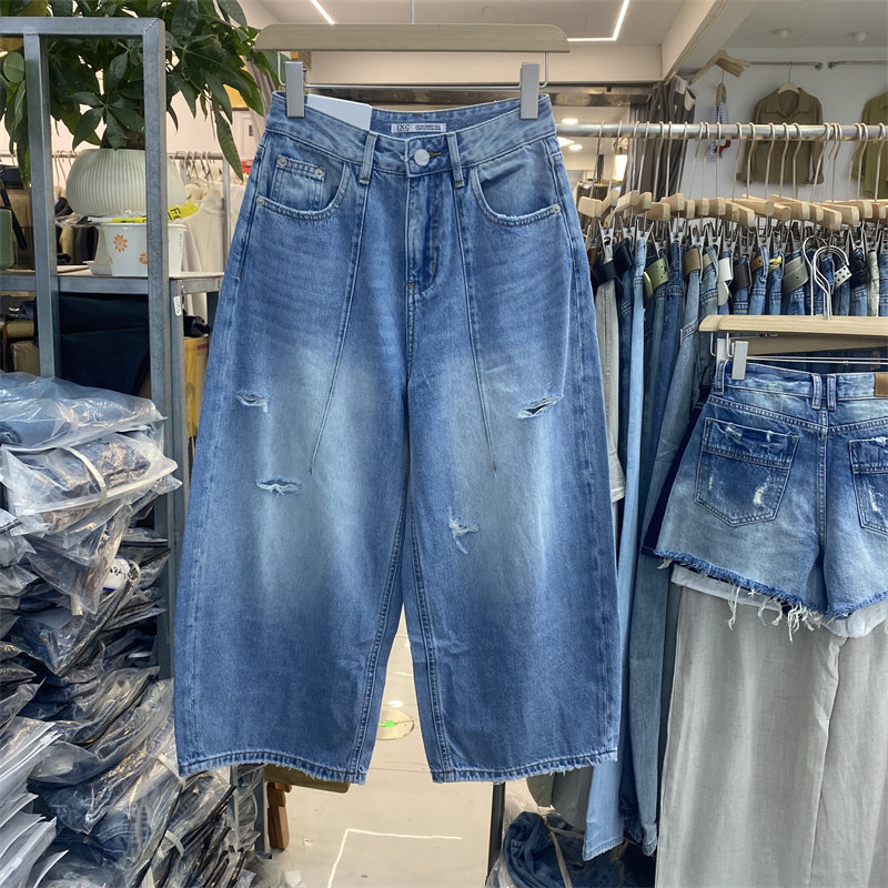 IXC6071新款高腰破洞弯刀牛仔裤女夏薄款宽松显瘦八分裤蓝色