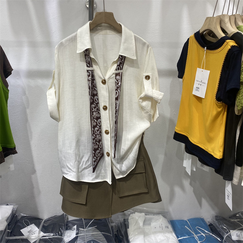 CB66050新款小众设计棉麻丝巾短袖翻领衬衫女夏宽松透气白色衬衣