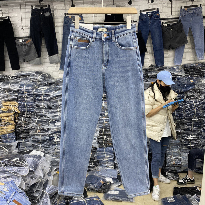 DIMO7806正品加厚复合羊羔绒牛仔哈伦裤女冬款弹力高腰垮裤九分裤