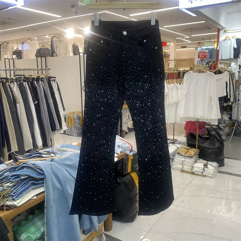 MI&CO36079春款满天星烫钻牛仔裤女高腰微喇裤显瘦垂感设计感长裤