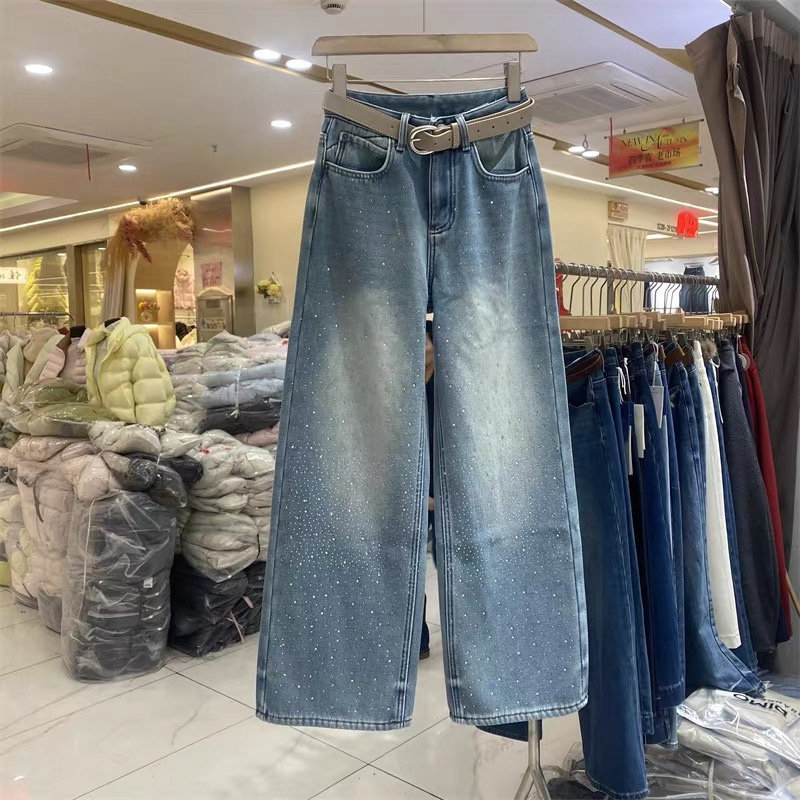 冬季复古高腰显瘦亮钻牛仔裤女