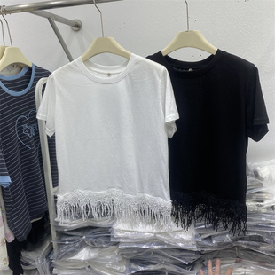 2026夏款 饰短款 时尚 T恤女圆领下摆装 上衣 流苏蕾丝拼接短袖 法式