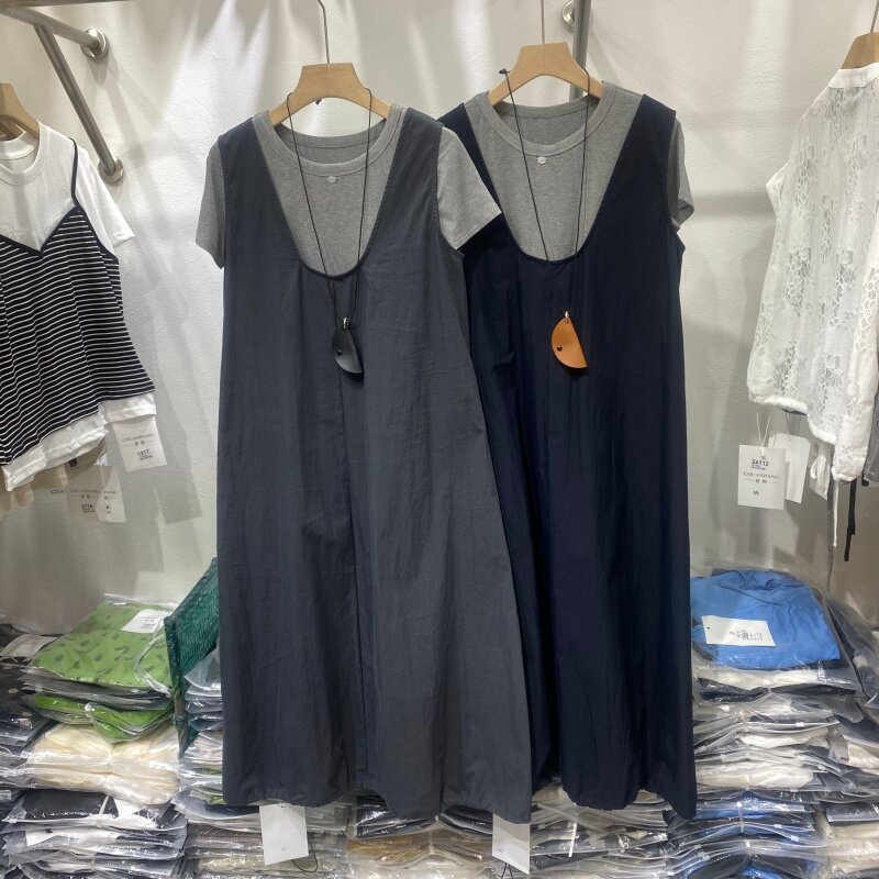 CB1108新款两件T恤背心连衣裙女夏宽松灰色长裙大方得体显瘦穿搭